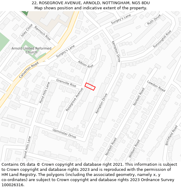 22, ROSEGROVE AVENUE, ARNOLD, NOTTINGHAM, NG5 8DU: Location map and indicative extent of plot