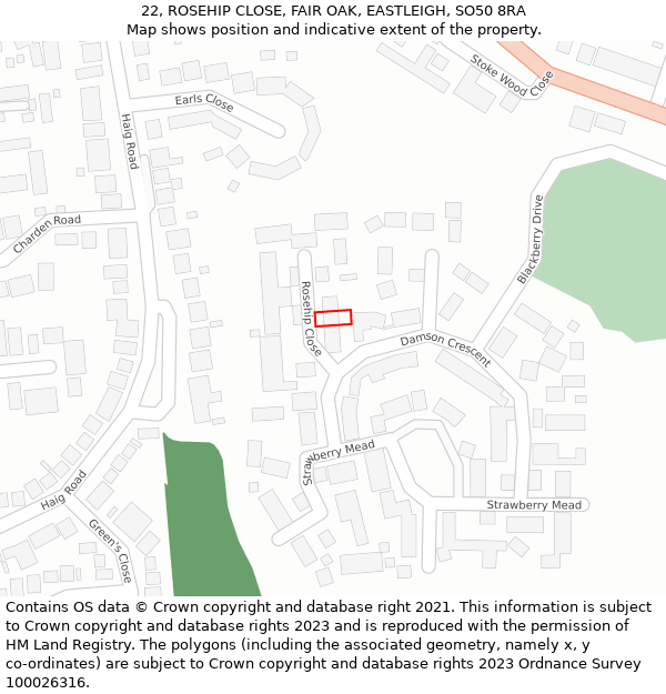 22, ROSEHIP CLOSE, FAIR OAK, EASTLEIGH, SO50 8RA: Location map and indicative extent of plot