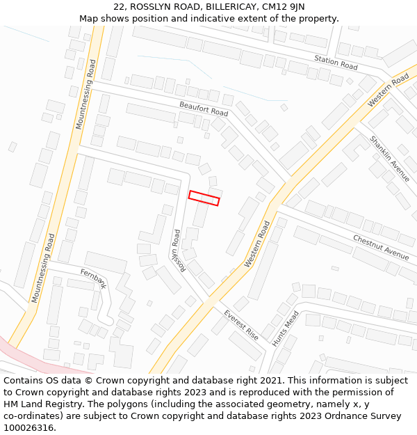 22, ROSSLYN ROAD, BILLERICAY, CM12 9JN: Location map and indicative extent of plot