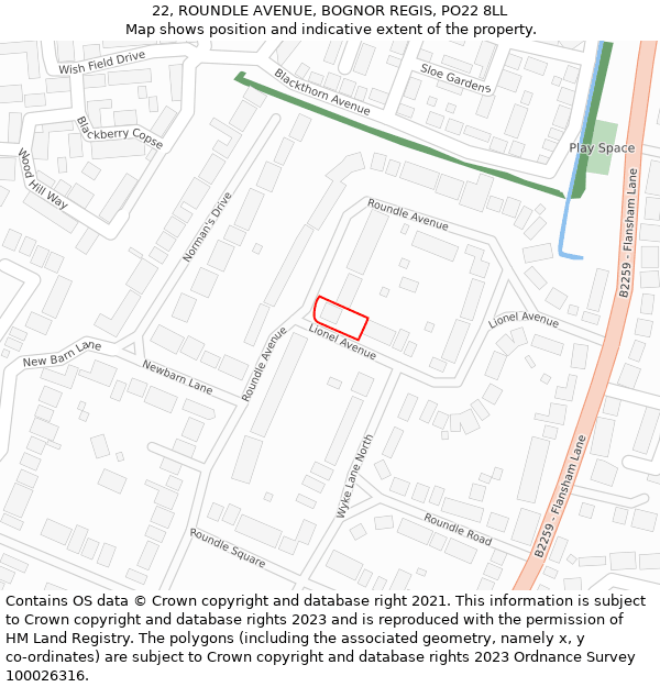 22, ROUNDLE AVENUE, BOGNOR REGIS, PO22 8LL: Location map and indicative extent of plot