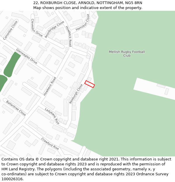 22, ROXBURGH CLOSE, ARNOLD, NOTTINGHAM, NG5 8RN: Location map and indicative extent of plot