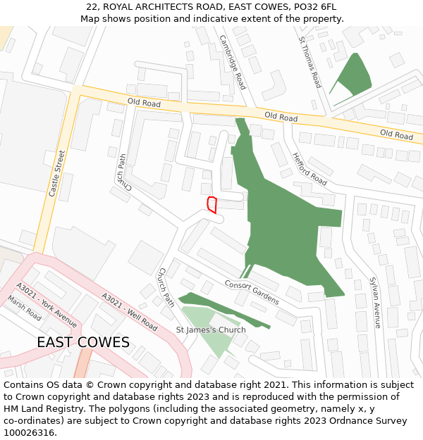 22, ROYAL ARCHITECTS ROAD, EAST COWES, PO32 6FL: Location map and indicative extent of plot