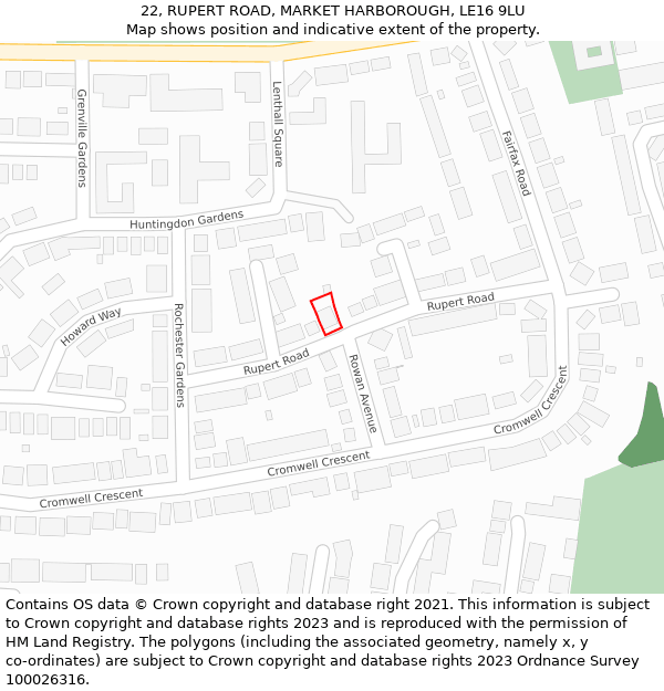 22, RUPERT ROAD, MARKET HARBOROUGH, LE16 9LU: Location map and indicative extent of plot