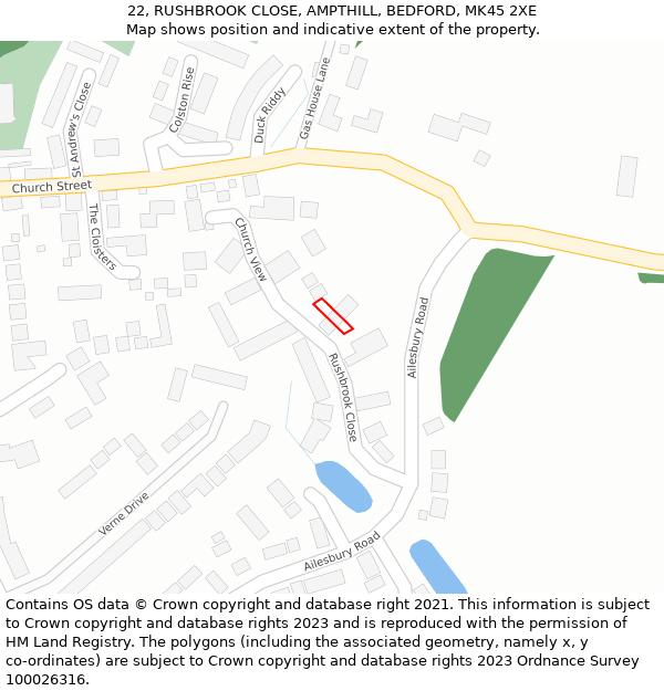 22, RUSHBROOK CLOSE, AMPTHILL, BEDFORD, MK45 2XE: Location map and indicative extent of plot