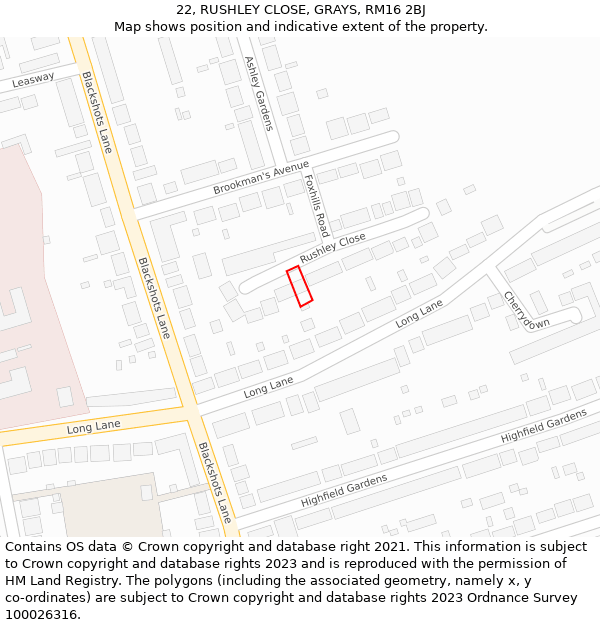 22, RUSHLEY CLOSE, GRAYS, RM16 2BJ: Location map and indicative extent of plot