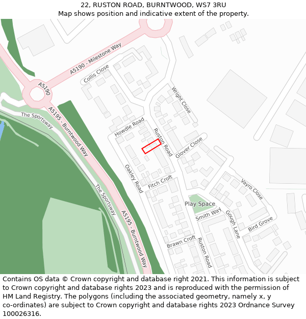 22, RUSTON ROAD, BURNTWOOD, WS7 3RU: Location map and indicative extent of plot
