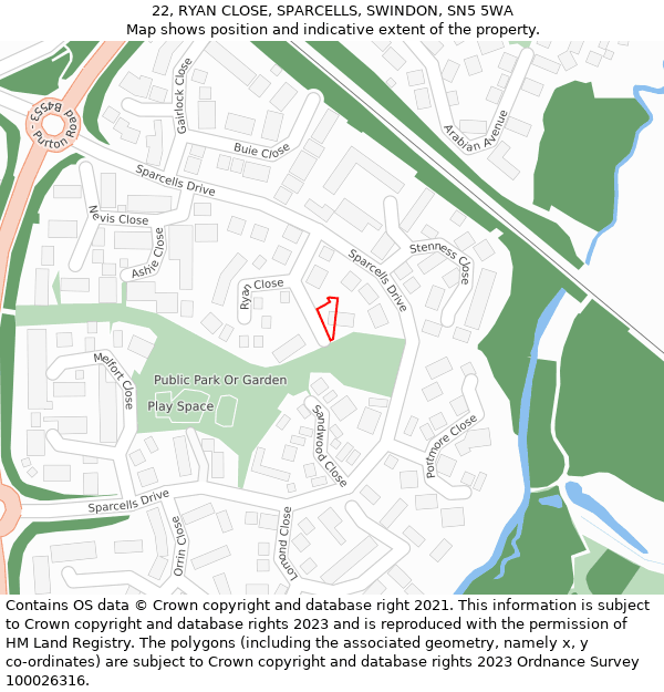 22, RYAN CLOSE, SPARCELLS, SWINDON, SN5 5WA: Location map and indicative extent of plot