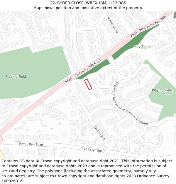 22, RYDER CLOSE, WREXHAM, LL13 9GS: Location map and indicative extent of plot