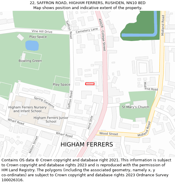 22, SAFFRON ROAD, HIGHAM FERRERS, RUSHDEN, NN10 8ED: Location map and indicative extent of plot