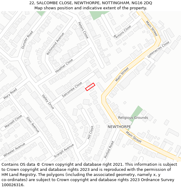 22, SALCOMBE CLOSE, NEWTHORPE, NOTTINGHAM, NG16 2DQ: Location map and indicative extent of plot