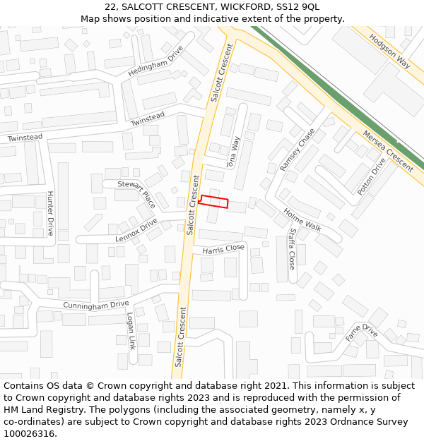 22, SALCOTT CRESCENT, WICKFORD, SS12 9QL: Location map and indicative extent of plot