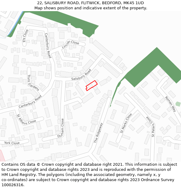 22, SALISBURY ROAD, FLITWICK, BEDFORD, MK45 1UD: Location map and indicative extent of plot