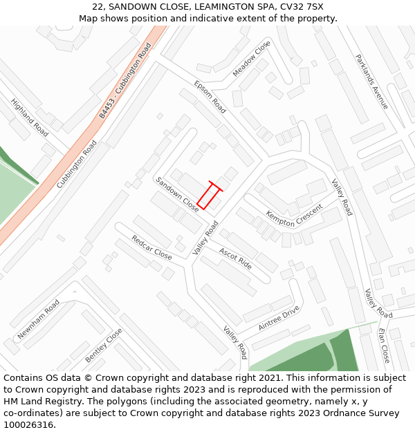 22, SANDOWN CLOSE, LEAMINGTON SPA, CV32 7SX: Location map and indicative extent of plot