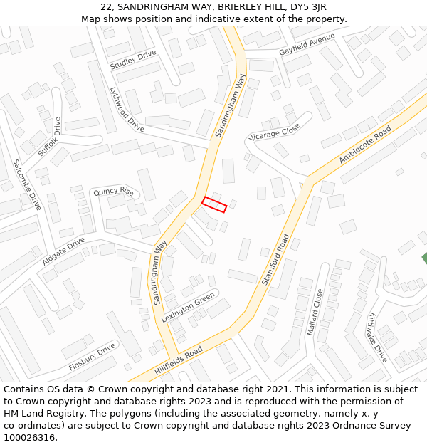 22, SANDRINGHAM WAY, BRIERLEY HILL, DY5 3JR: Location map and indicative extent of plot