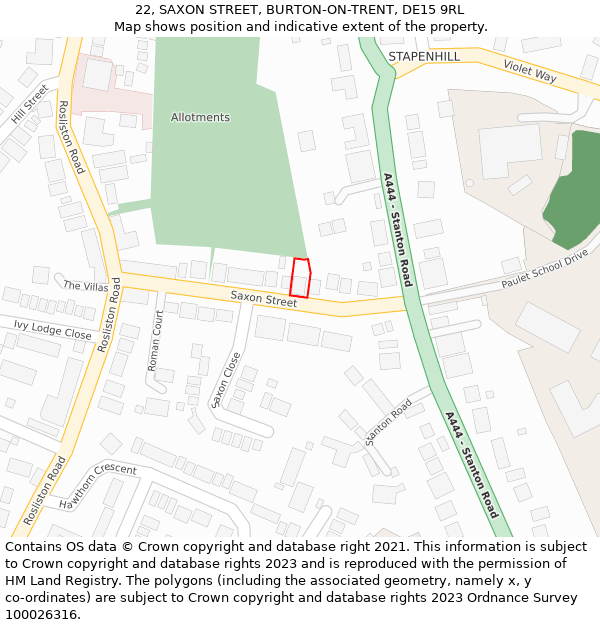 22, SAXON STREET, BURTON-ON-TRENT, DE15 9RL: Location map and indicative extent of plot