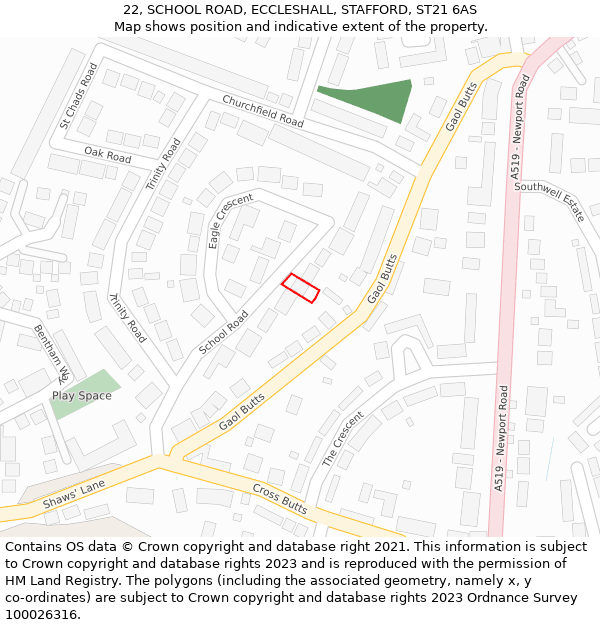 22, SCHOOL ROAD, ECCLESHALL, STAFFORD, ST21 6AS: Location map and indicative extent of plot