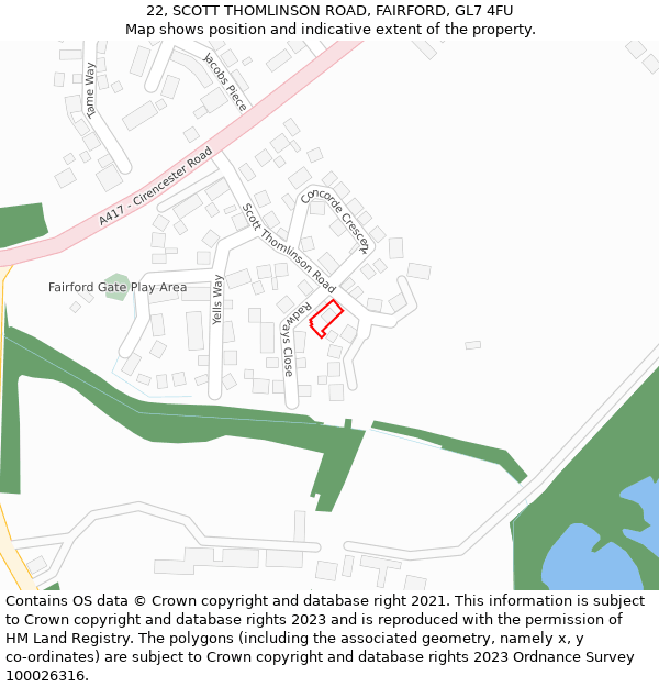 22, SCOTT THOMLINSON ROAD, FAIRFORD, GL7 4FU: Location map and indicative extent of plot