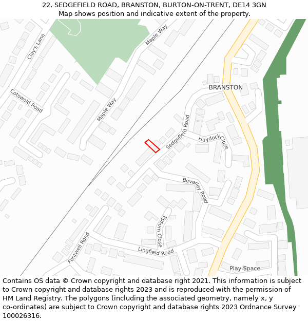 22, SEDGEFIELD ROAD, BRANSTON, BURTON-ON-TRENT, DE14 3GN: Location map and indicative extent of plot