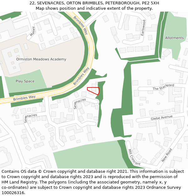 22, SEVENACRES, ORTON BRIMBLES, PETERBOROUGH, PE2 5XH: Location map and indicative extent of plot