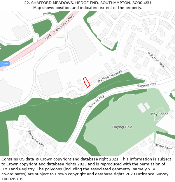 22, SHAFFORD MEADOWS, HEDGE END, SOUTHAMPTON, SO30 4SU: Location map and indicative extent of plot