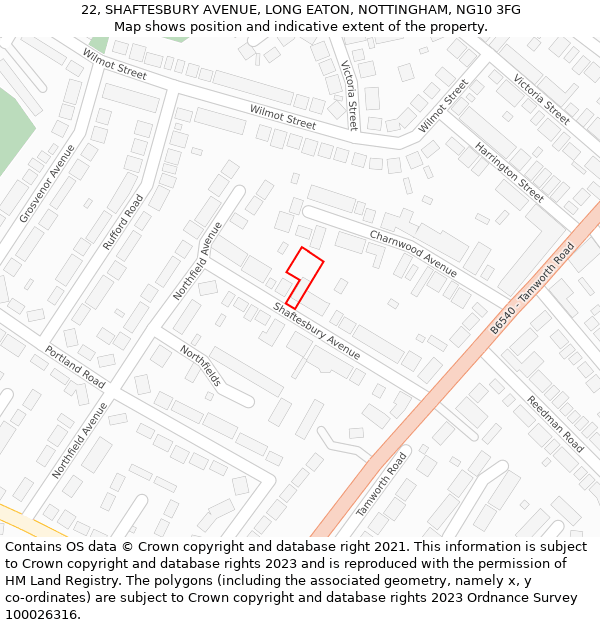 22, SHAFTESBURY AVENUE, LONG EATON, NOTTINGHAM, NG10 3FG: Location map and indicative extent of plot