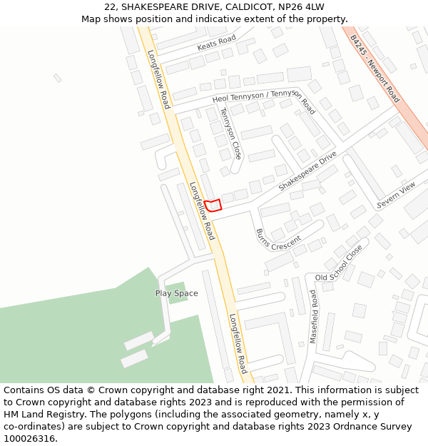 22, SHAKESPEARE DRIVE, CALDICOT, NP26 4LW: Location map and indicative extent of plot