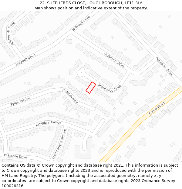 22, SHEPHERDS CLOSE, LOUGHBOROUGH, LE11 3LA: Location map and indicative extent of plot