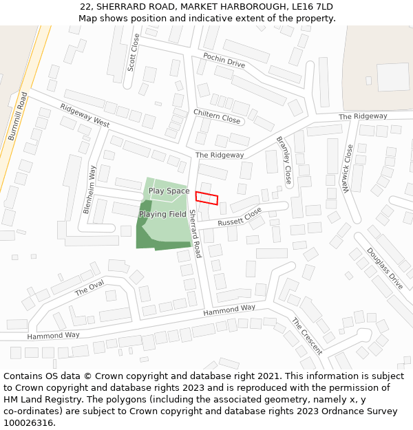 22, SHERRARD ROAD, MARKET HARBOROUGH, LE16 7LD: Location map and indicative extent of plot