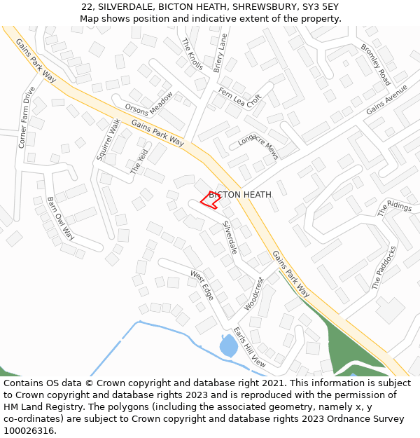 22, SILVERDALE, BICTON HEATH, SHREWSBURY, SY3 5EY: Location map and indicative extent of plot