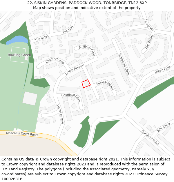 22, SISKIN GARDENS, PADDOCK WOOD, TONBRIDGE, TN12 6XP: Location map and indicative extent of plot