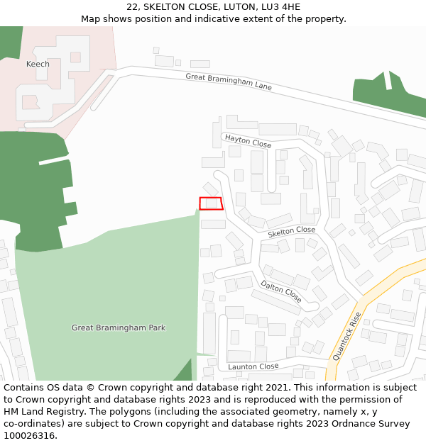 22, SKELTON CLOSE, LUTON, LU3 4HE: Location map and indicative extent of plot