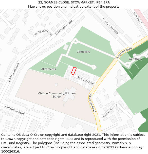 22, SOAMES CLOSE, STOWMARKET, IP14 1PA: Location map and indicative extent of plot