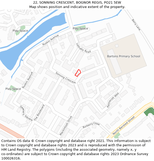 22, SONNING CRESCENT, BOGNOR REGIS, PO21 5EW: Location map and indicative extent of plot