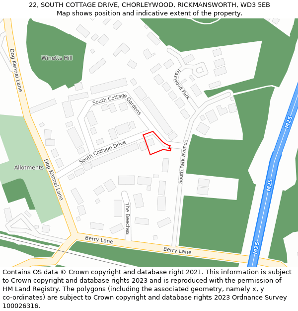 22, SOUTH COTTAGE DRIVE, CHORLEYWOOD, RICKMANSWORTH, WD3 5EB: Location map and indicative extent of plot