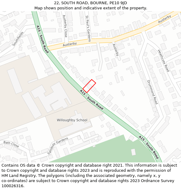 22, SOUTH ROAD, BOURNE, PE10 9JD: Location map and indicative extent of plot