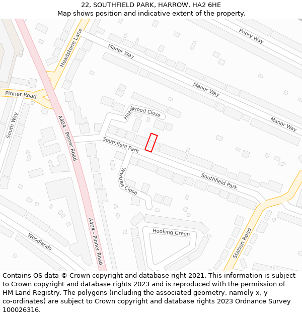 22, SOUTHFIELD PARK, HARROW, HA2 6HE: Location map and indicative extent of plot