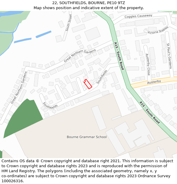 22, SOUTHFIELDS, BOURNE, PE10 9TZ: Location map and indicative extent of plot