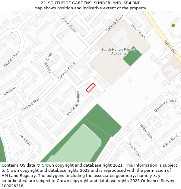 22, SOUTHSIDE GARDENS, SUNDERLAND, SR4 0NP: Location map and indicative extent of plot