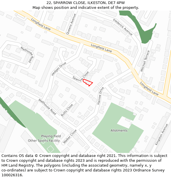 22, SPARROW CLOSE, ILKESTON, DE7 4PW: Location map and indicative extent of plot
