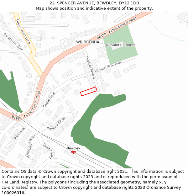 22, SPENCER AVENUE, BEWDLEY, DY12 1DB: Location map and indicative extent of plot