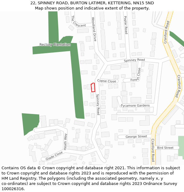 22, SPINNEY ROAD, BURTON LATIMER, KETTERING, NN15 5ND: Location map and indicative extent of plot
