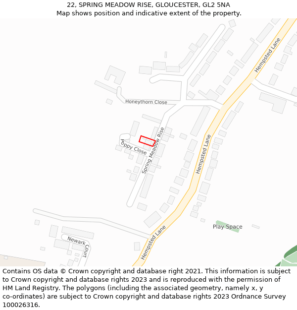 22, SPRING MEADOW RISE, GLOUCESTER, GL2 5NA: Location map and indicative extent of plot