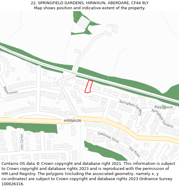 22, SPRINGFIELD GARDENS, HIRWAUN, ABERDARE, CF44 9LY: Location map and indicative extent of plot