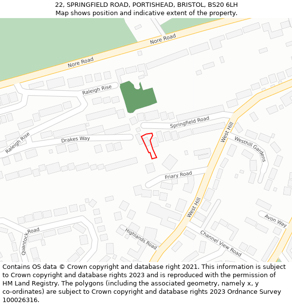 22, SPRINGFIELD ROAD, PORTISHEAD, BRISTOL, BS20 6LH: Location map and indicative extent of plot