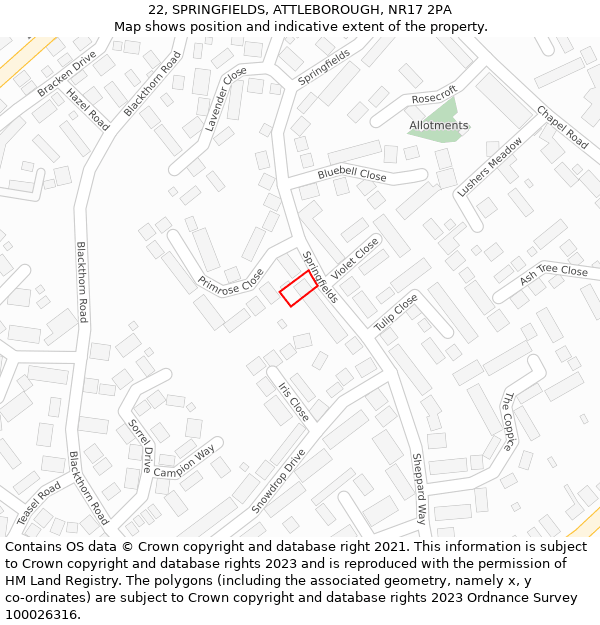 22, SPRINGFIELDS, ATTLEBOROUGH, NR17 2PA: Location map and indicative extent of plot