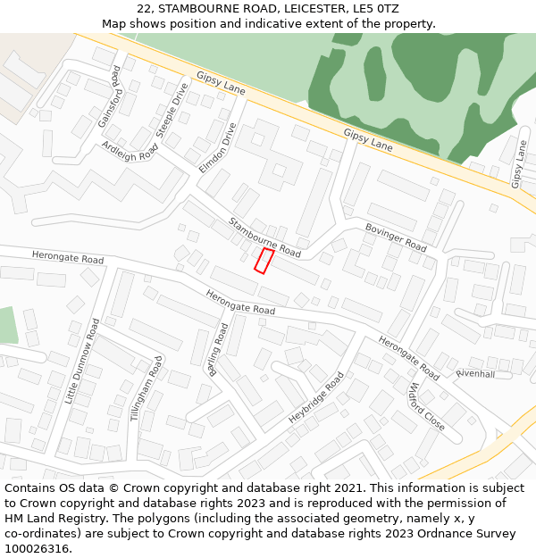 22, STAMBOURNE ROAD, LEICESTER, LE5 0TZ: Location map and indicative extent of plot