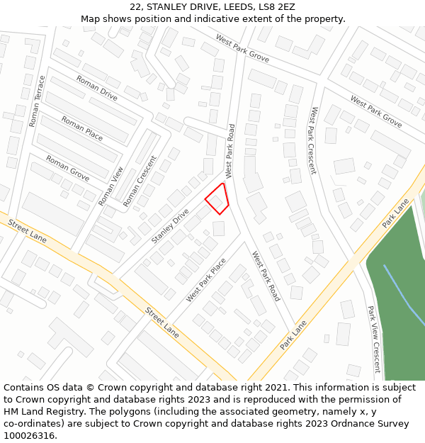 22, STANLEY DRIVE, LEEDS, LS8 2EZ: Location map and indicative extent of plot