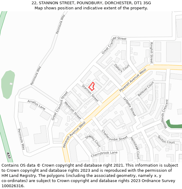 22, STANNON STREET, POUNDBURY, DORCHESTER, DT1 3SG: Location map and indicative extent of plot