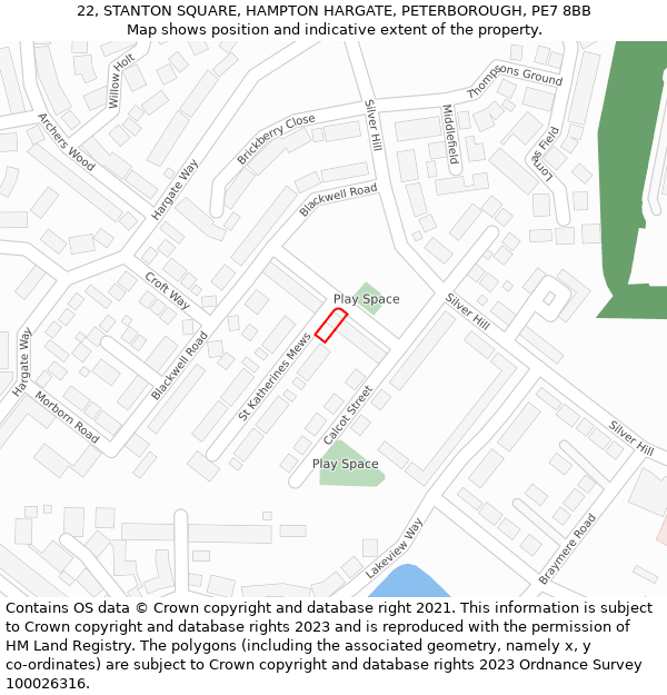 22, STANTON SQUARE, HAMPTON HARGATE, PETERBOROUGH, PE7 8BB: Location map and indicative extent of plot