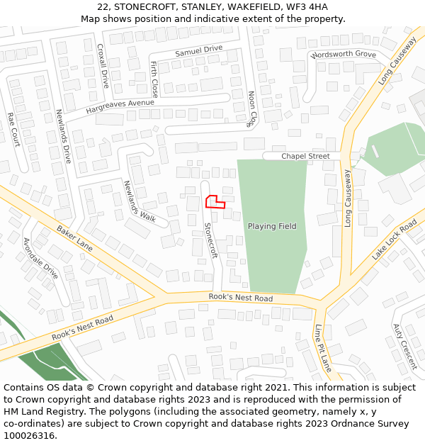 22, STONECROFT, STANLEY, WAKEFIELD, WF3 4HA: Location map and indicative extent of plot